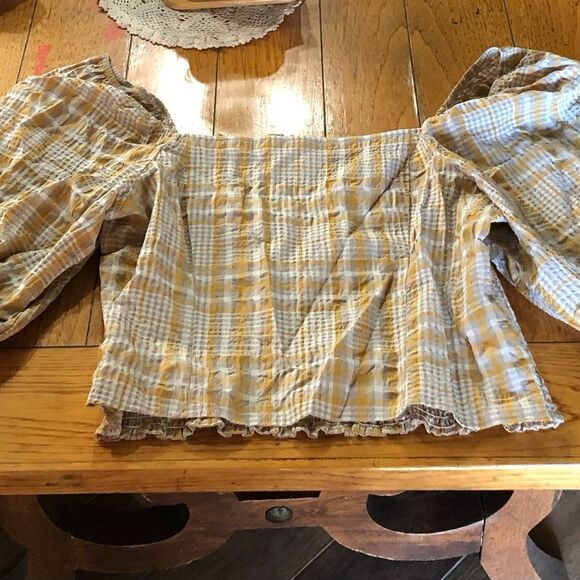 Anthropologie Maeve Yellow Plaid Square Neck Smocked Balloon Sleeve Top - XL - Picture 3 of 11